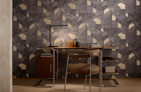 Erismann Elle Decoration 4 geometric wallpaper in dark brown and beige tones with metallic accents in modern office interior
