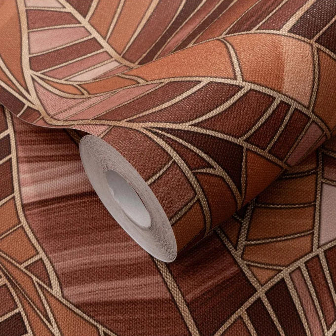 Erismann Elle Decoration 4 terracotta botanical wallpaper with layered leaf pattern and textured finish roll detail