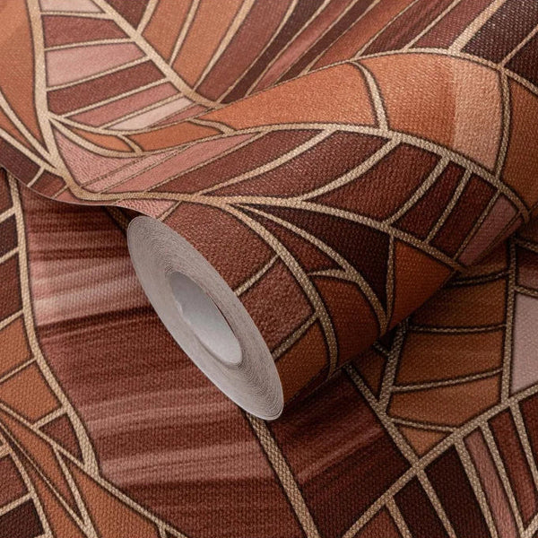 Erismann Elle Decoration 4 terracotta botanical wallpaper with layered leaf pattern and textured finish roll detail