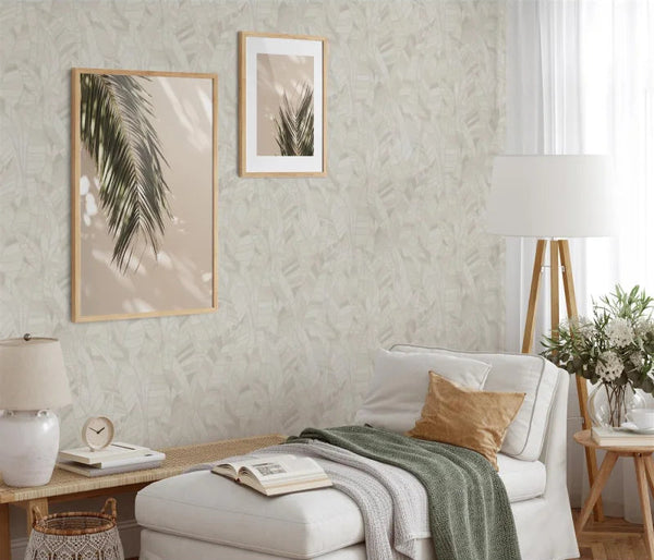 Erismann Elle Decoration 4 cream botanical wallpaper with subtle leaf pattern and textured finish in an English style sitting room