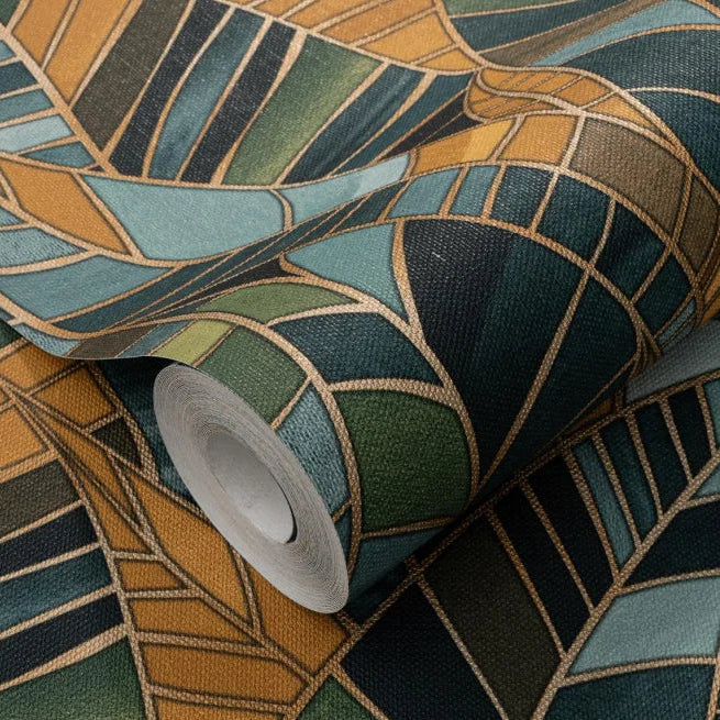 Erismann Elle Decoration 4 green botanical wallpaper with layered leaf pattern and textured finish roll detail