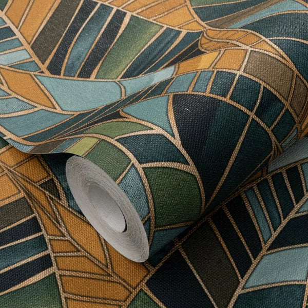 Erismann Elle Decoration 4 green botanical wallpaper with layered leaf pattern and textured finish roll detail