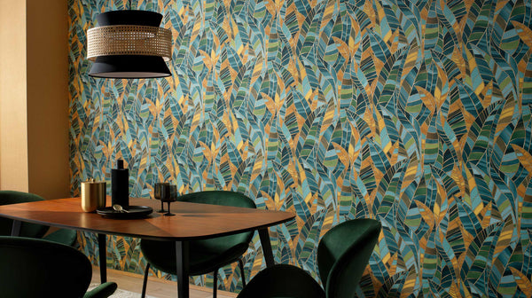 Erismann Elle Decoration 4 botanical wallpaper with teal and gold leaf pattern in modern dining interior