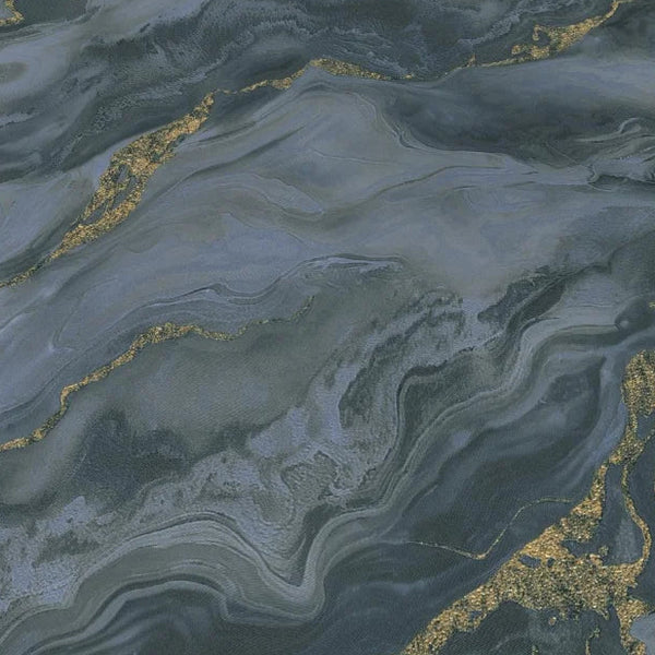 Erismann Elle Decoration 4 abstract wallpaper with grey and blue marble effect and gold accents detail