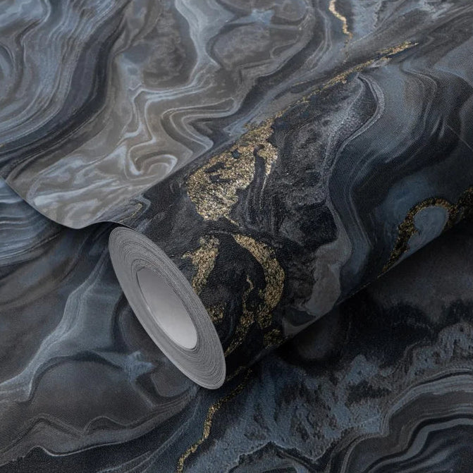 Erismann Elle Decoration 4 abstract wallpaper with grey and blue marble effect and gold accents roll detail
