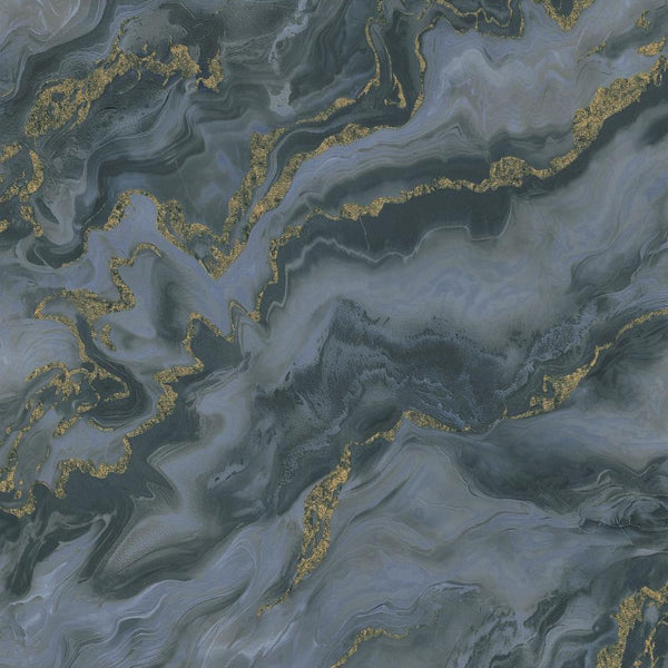 Erismann Elle Decoration 4 abstract wallpaper with grey and blue marble effect and gold accents