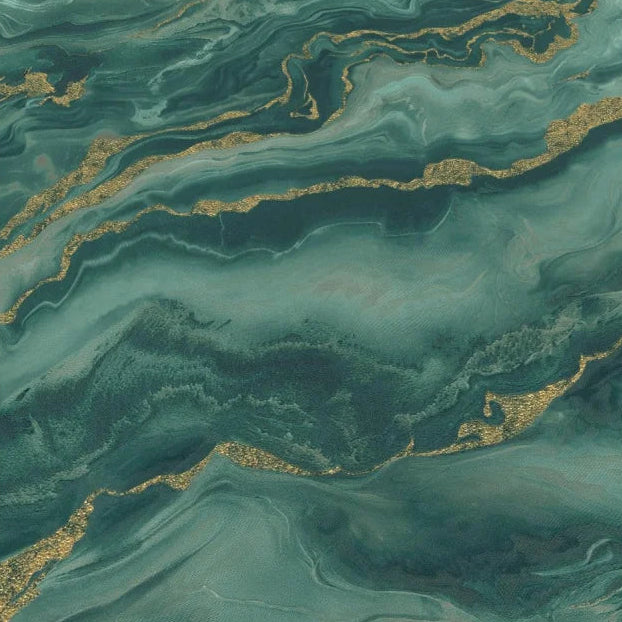 Erismann Elle Decoration 4 marble wallpaper in deep green tones with gold accents and fluid abstract pattern detail