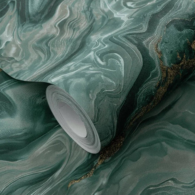 Erismann Elle Decoration 4 marble wallpaper in deep green tones with gold accents and fluid abstract pattern roll detail