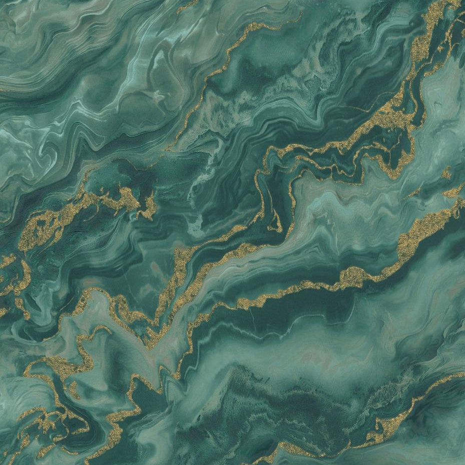 Erismann Elle Decoration 4 marble wallpaper in deep green tones with gold accents and fluid abstract pattern