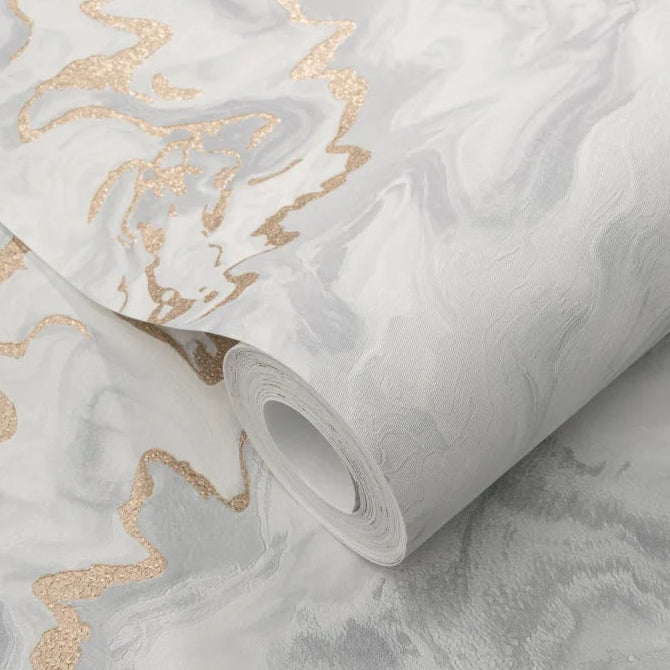 Erismann Elle Decoration 4 marble effect wallpaper in soft grey tones with gold accents roll detail