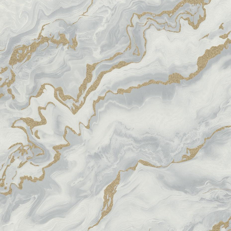 Erismann Elle Decoration 4 marble wallpaper in soft white and light grey tones with gold accents and fluid abstract pattern
