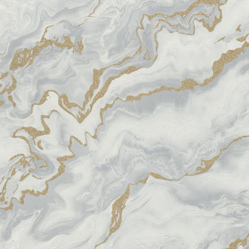 Erismann Elle Decoration 4 marble wallpaper in soft white and light grey tones with gold accents and fluid abstract pattern