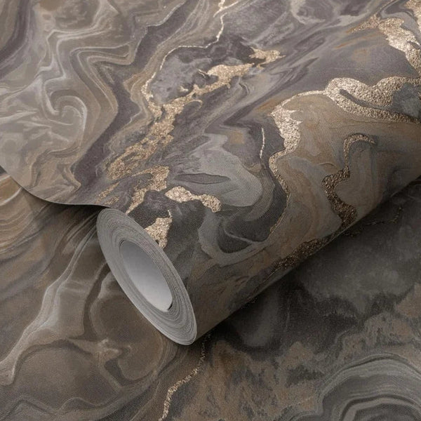 Erismann Elle Decoration 4 marble wallpaper in grey and taupe tones with gold accents and fluid abstract pattern roll detail