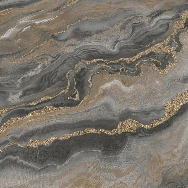 Erismann Elle Decoration 4 marble wallpaper in grey and taupe tones with gold accents and fluid abstract pattern detail