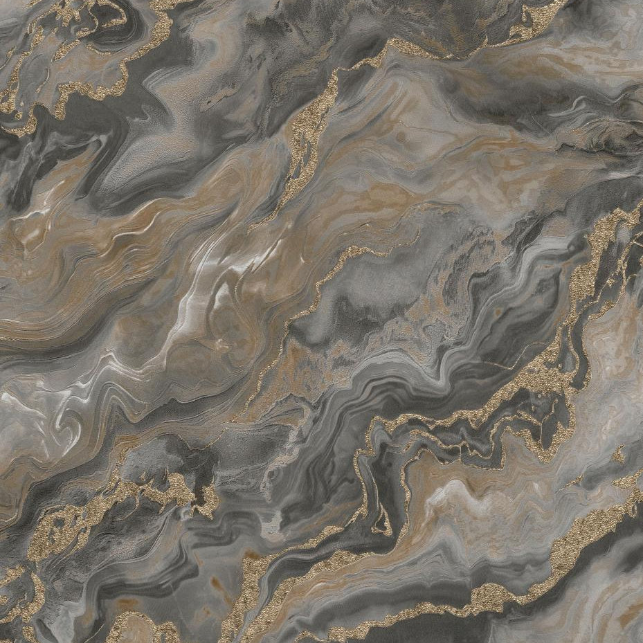 Erismann Elle Decoration 4 marble wallpaper in grey and taupe tones with gold accents and fluid abstract pattern