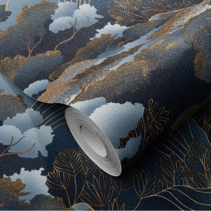 Erismann Elle Decoration 4 scenic wallpaper with stylized trees in navy blue tones and gold accents roll detail