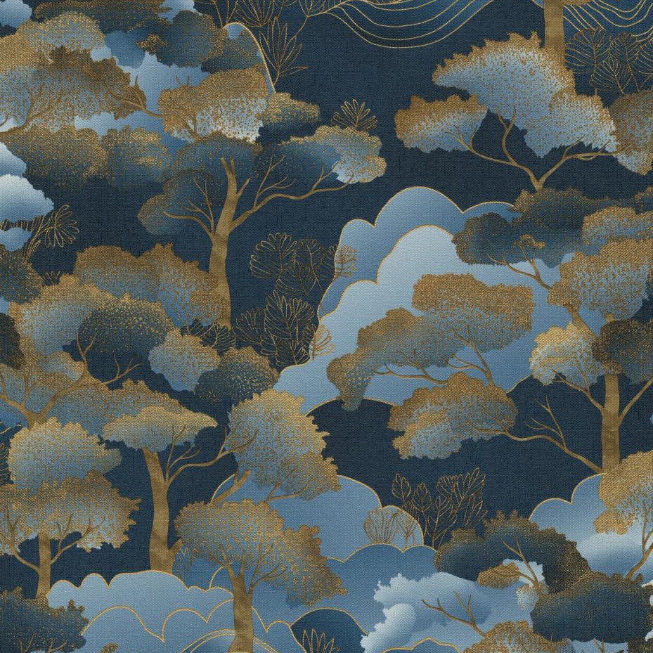 Erismann Elle Decoration 4 scenic wallpaper with stylized trees in navy blue tones and gold accents