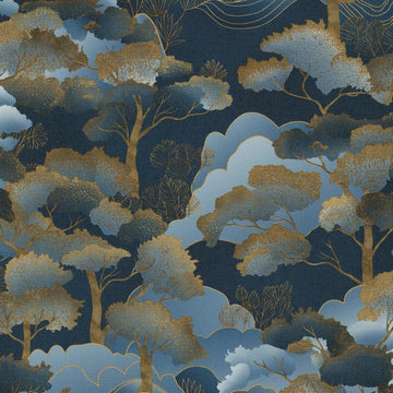 Erismann Elle Decoration 4 scenic wallpaper with stylized trees in navy blue tones and gold accents