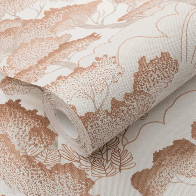 Erismann Elle Decoration 4 scenic wallpaper with stylized trees in soft terracotta and soft cream tones roll detail