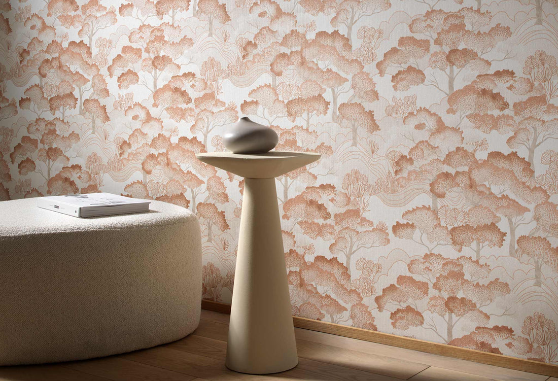 Erismann Elle Decoration 4 scenic wallpaper with stylized trees in beige and soft gold tones