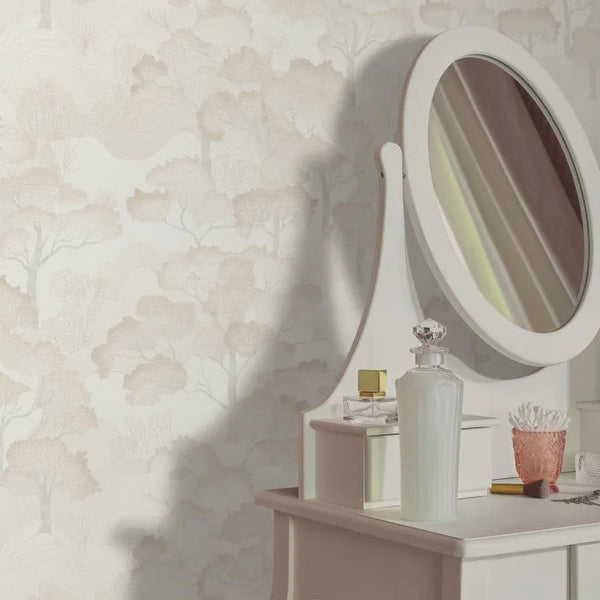 Erismann Elle Decoration 4 light scenic wallpaper with layered trees in warm cream tones behind a mid-century makeup table