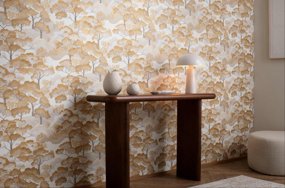Erismann Elle Decoration 4 scenic wallpaper with layered trees in soft gold tones