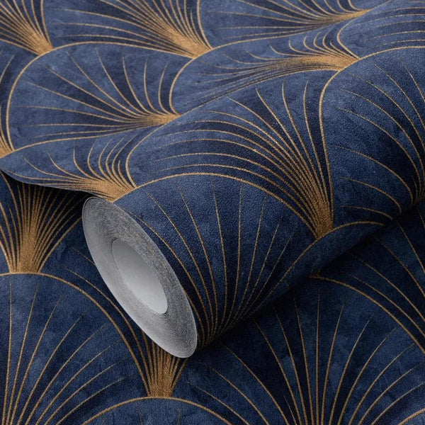 Erismann Elle Decoration Art Deco fan wallpaper in deep navy and gold tones roll detail