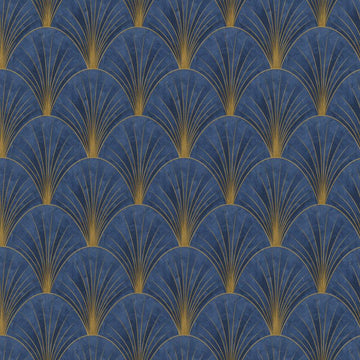 Erismann Elle Decoration Art Deco fan wallpaper in deep navy and gold tones