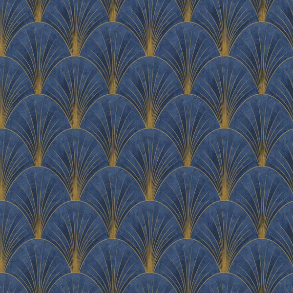 Erismann Elle Decoration Art Deco fan wallpaper in deep navy and gold tones