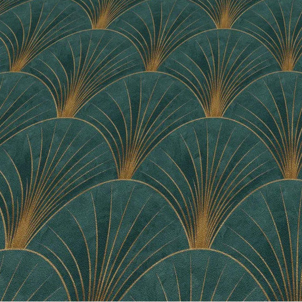 Erismann Elle Decoration Art Deco fan wallpaper in deep green and gold tones detail