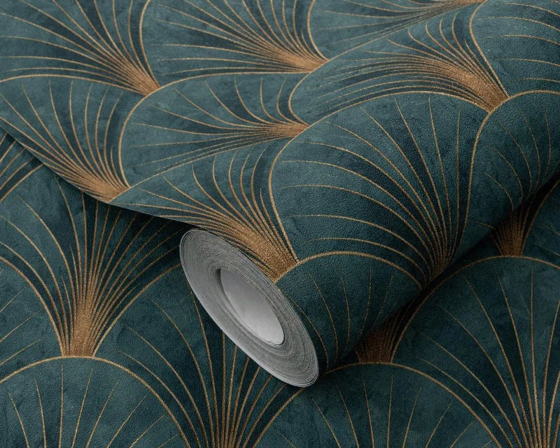 Erismann Elle Decoration Art Deco fan wallpaper in deep green and gold tones roll detail