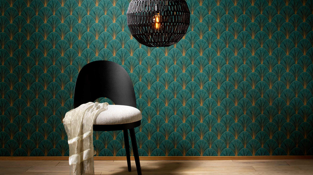 Erismann Elle Decoration Art Deco fan wallpaper in deep green and gold tones