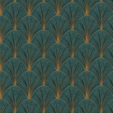 Erismann Elle Decoration Art Deco fan wallpaper in deep green and gold tones