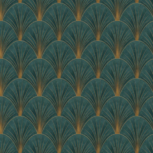 Erismann Elle Decoration Art Deco fan wallpaper in deep green and gold tones