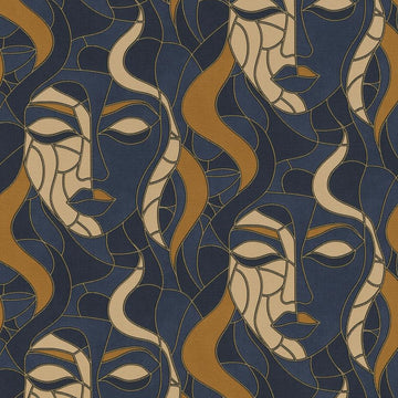 Erismann Elle Decoration abstract face wallpaper in navy blue and gold tones with Art Deco design