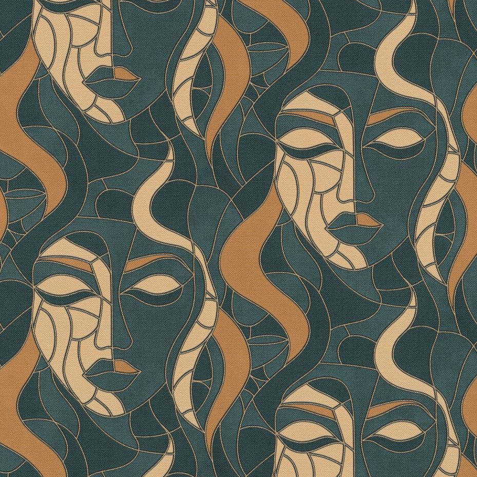Erismann Elle Decoration abstract face wallpaper in deep teal and gold tones with Art Deco styling