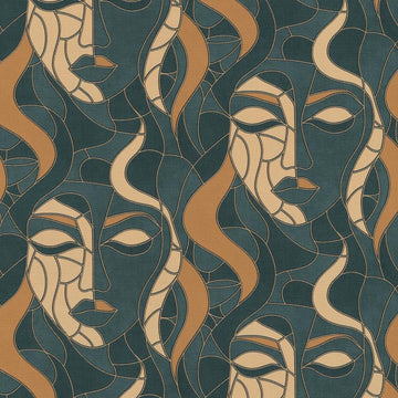 Erismann Elle Decoration abstract face wallpaper in deep teal and gold tones with Art Deco styling