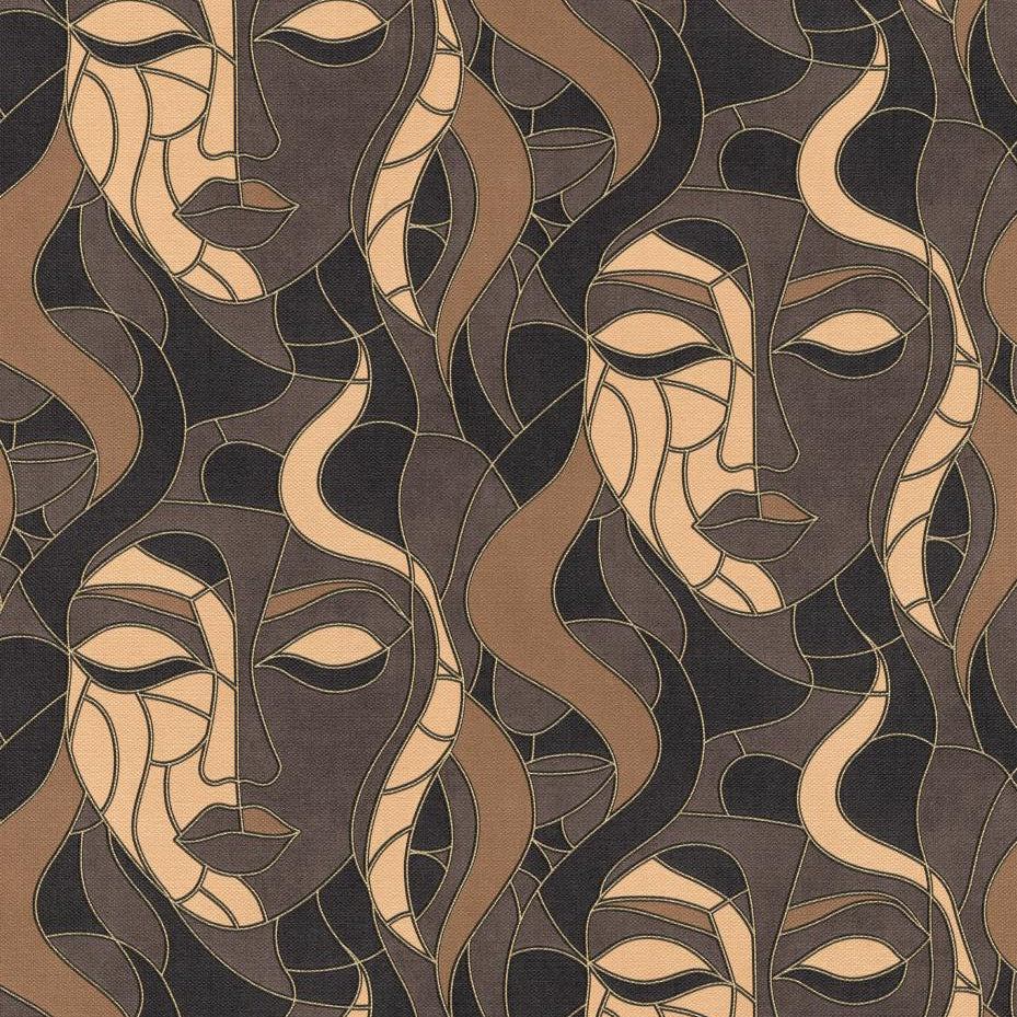 Erismann Elle Decoration abstract face wallpaper in dark brown and beige tones with Art Deco styling