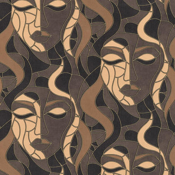 Erismann Elle Decoration abstract face wallpaper in dark brown and beige tones with Art Deco styling