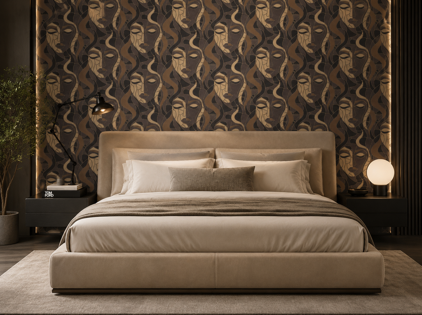 Erismann Elle Decoration abstract face wallpaper in brown and gold tones styled in a modern bedroom with a large beige leather bed