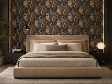Erismann Elle Decoration abstract face wallpaper in brown and gold tones styled in a modern bedroom with a large beige leather bed