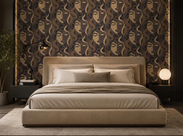 Erismann Elle Decoration abstract face wallpaper in brown and gold tones styled in a modern bedroom with a large beige leather bed