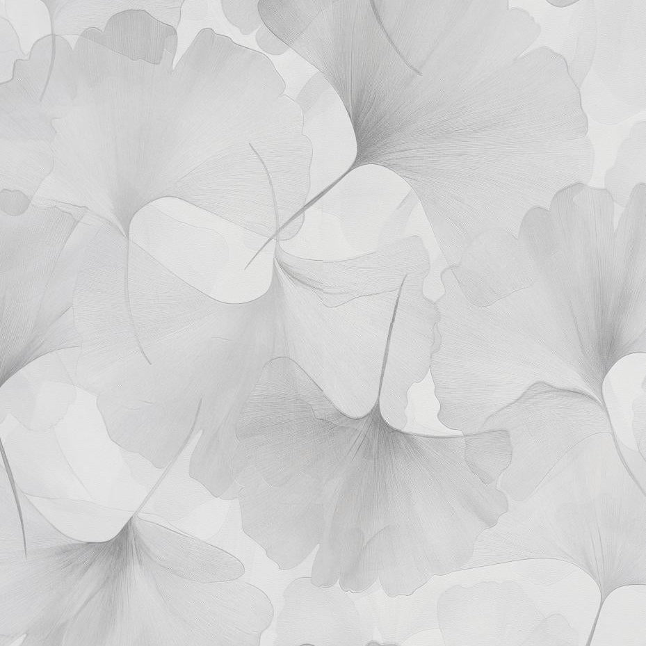 Erismann Elysium 10470-31 wallpaper with large light grey ginkgo leaves on a crisp white background.