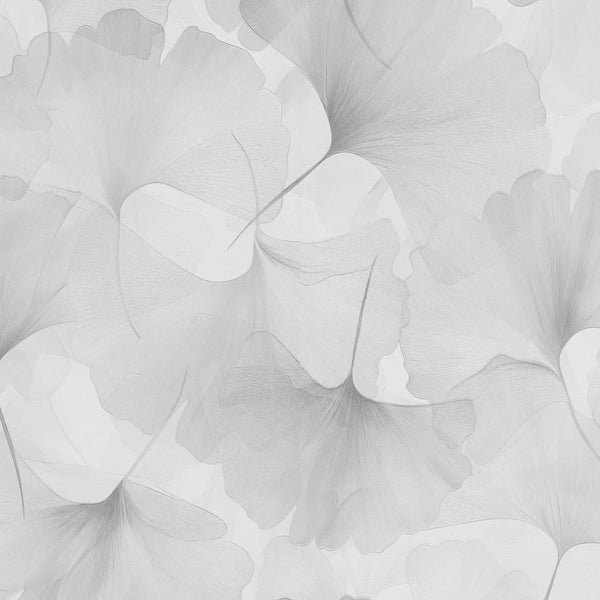 Erismann Elysium 10470-31 wallpaper with large light grey ginkgo leaves on a crisp white background.