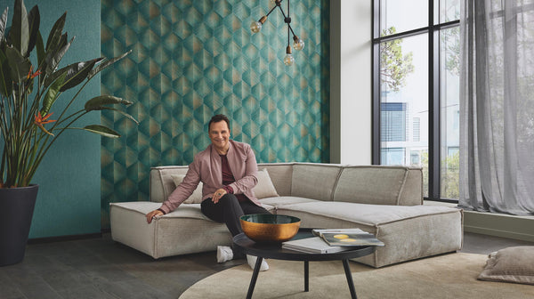 Erismann Fashion For Walls 4 10370-10 wallpaper used as a feature wall behind contemporary furnishings in a contemporary lounge setting.