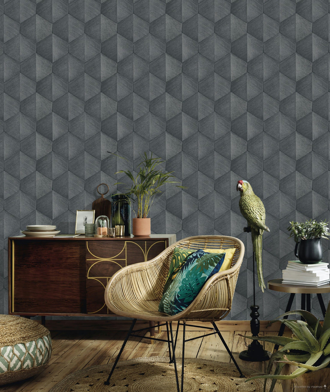 Closeup of a wallpaper showing its Grey, Contemporary, Geometric, Monochrome pattern, color, and subtle texture.