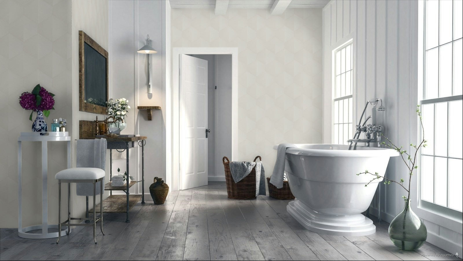Erismann Fashion For Walls 4 10370-26 wallpaper bathroom feature wall behind freestanding tub with rustic vanity, woven baskets, stool and vase, bright calm spa feel.