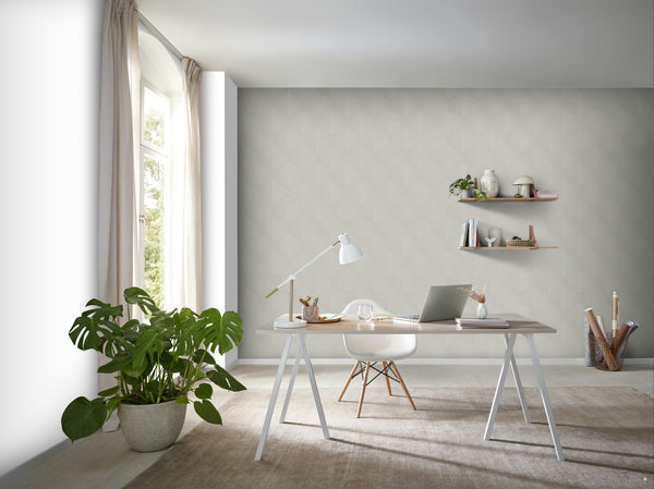 Erismann Fashion For Walls 4 10370-26 wallpaper in a bright home office with a feature wall behind floating shelves, a minimalist desk with lamp and laptop, a large potted plant, and a calm airy mood.