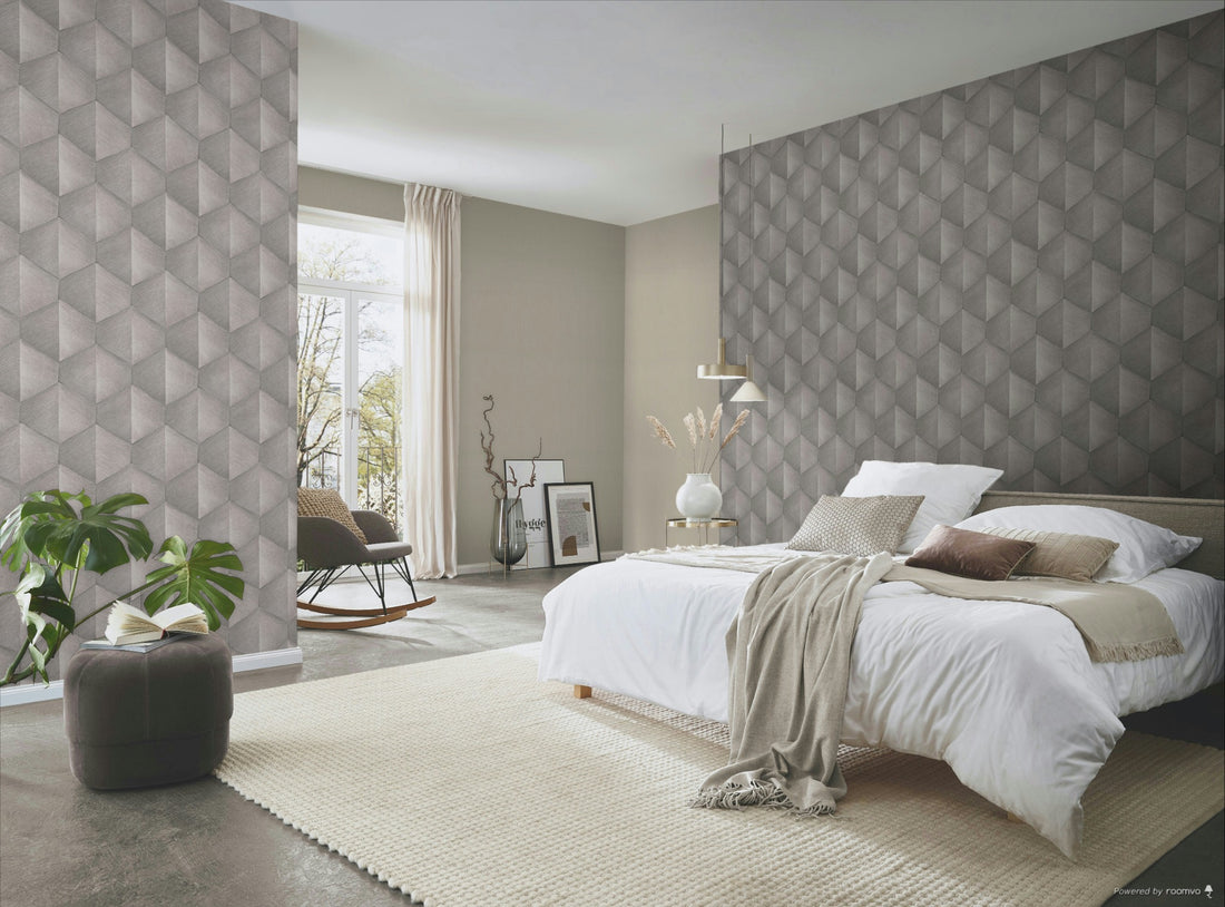 Erismann Fashion For Walls 4 10370-38 taupe-grey geometric wallpaper with subtle 3D cube effect.
