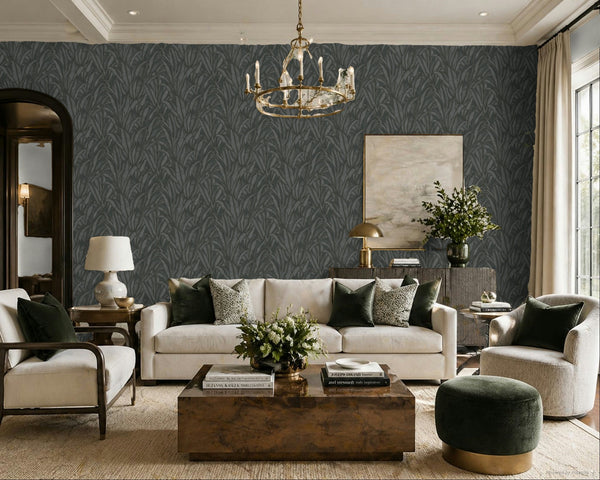 Erismann Fashion For Walls 4 10371-15 wallpaper lounge feature wall behind a cream sofa with green cushions, stone coffee table, brass chandelier, console with artwork and leafy plant, serene and elegant.